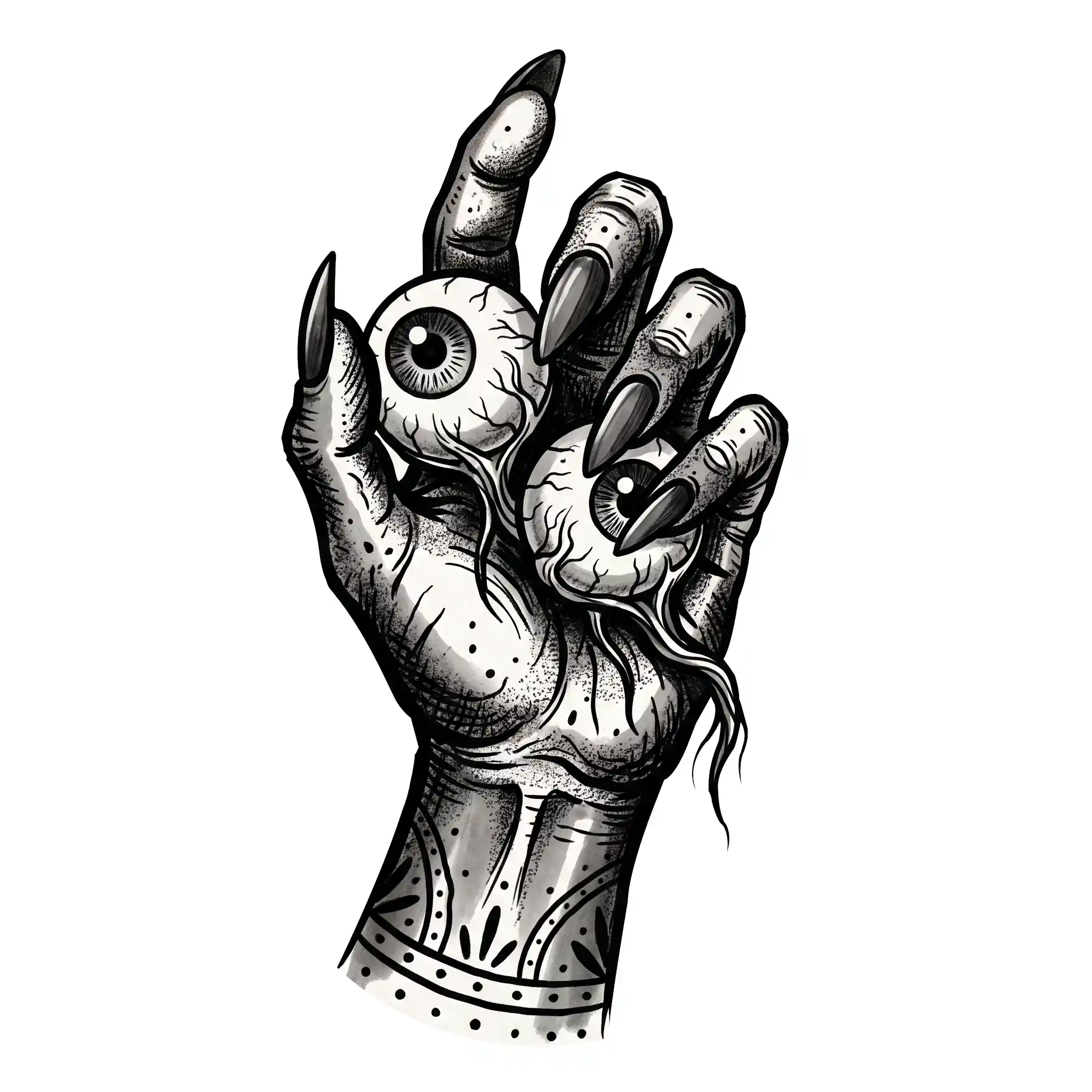 Old school tattoo style drawing of a hand holding a pair of eyeballs
